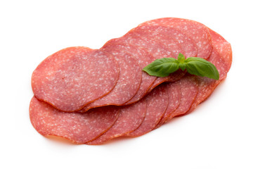 Salami slices isolated on white background.