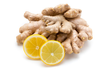 Ginger bio and lemon on white background.