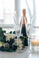 Beautiful wedding decoration with champagne and flowers, elegant