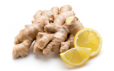 Ginger bio and lemon on white background.