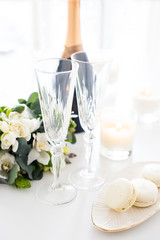 Beautiful wedding decoration with champagne and flowers, elegant