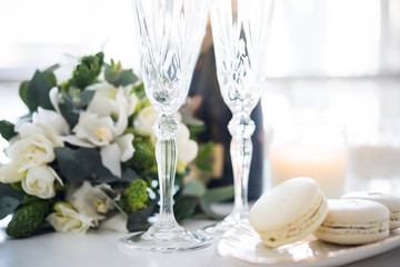 Beautiful wedding decoration with champagne and flowers, elegant