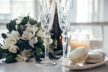Beautiful wedding decoration with champagne and flowers, elegant