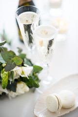 Beautiful wedding decoration with champagne and flowers, elegant