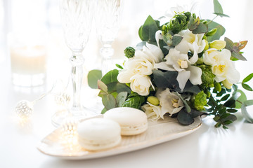 Beautiful wedding decoration with champagne and flowers, elegant