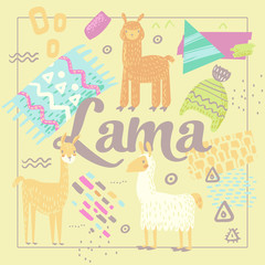 Wildlife Lamas Design. Hand Drawn Abstract Childish Background with Alpacas for Decoration. Vector illustration
