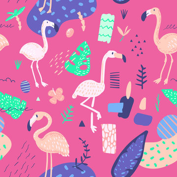 Childish Summer Seamless Pattern with Flamingo and Tropical Plants. Exotic Background for Fabric Textile, Wallpaper, Wrapping Paper. Vector illustration
