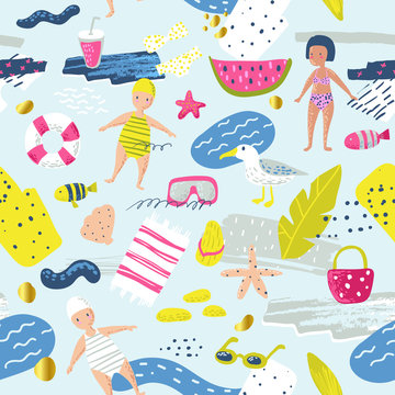 Childish Summer Beach Vacation Seamless Pattern with Kids, Fish and Bird. Cute Background for Fabric, Decor, Wallpaper, Wrapping Paper. Vector illustration