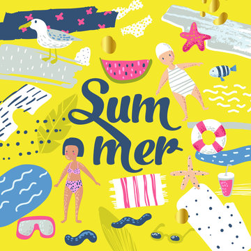 Childish Summer Beach Vacation Design with Kids, Fish and Bird. Cute Background for Decor, Covers. Vector illustration