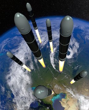 The launch of several superheavy thermonuclear armed intercontinental ballistic missiles from the territory of the Russian Federation against the backdrop of the globe. Sarmat SS-X-30 Satan 2.