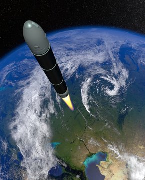 The launch of a superheavy thermonuclear armed intercontinental ballistic missile from the territory of the Russian Federation against the backdrop of the globe. Sarmat SS-X-30 Satan 2.