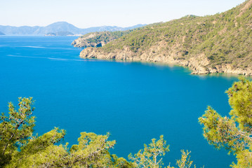 Fototapeta na wymiar Seascape with islands. Mediterranean Sea near Göcek,Dalaman and Fethiye, Turkey.