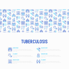 Fototapeta na wymiar Tuberculosis concept with thin line icons: infection in lungs, x-ray image, dry cough, pain in chest and shoulders, Mantoux test, weight loss. Modern vector illustration for banner, web page template.