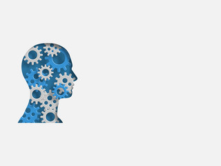 Blue human head model containing group of 3d iron gear represents concept of engineering and innovation. Technology Background. Vector illustration.