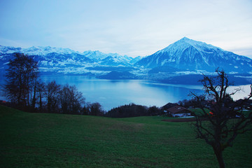 Sigrilwil village at Swiss Alps and Thun lake
