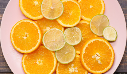  citrus slices on a wooden background