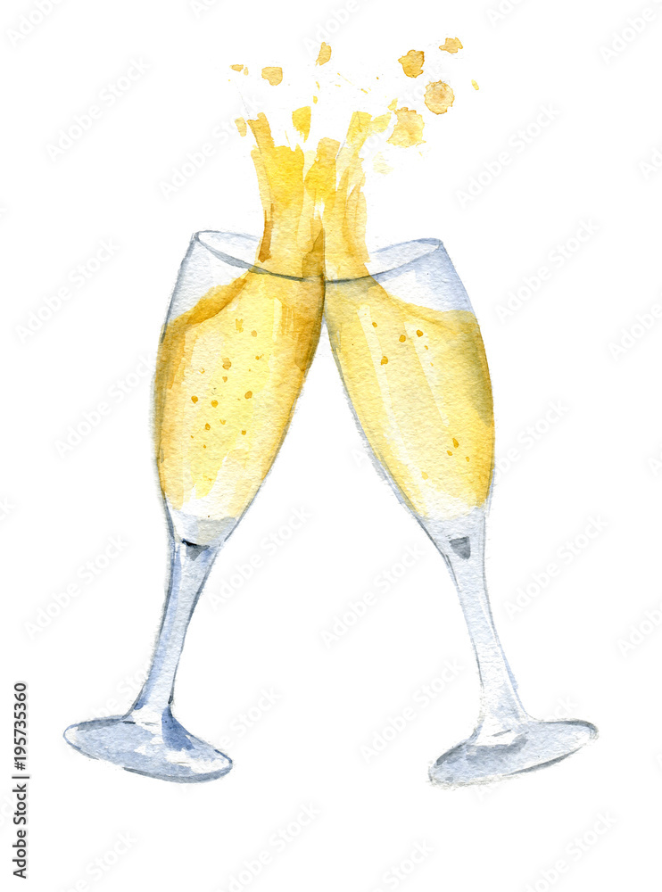 Wall mural Two glasses with champagne clink glasses with a splash. New year. Watercolor. Isolated.