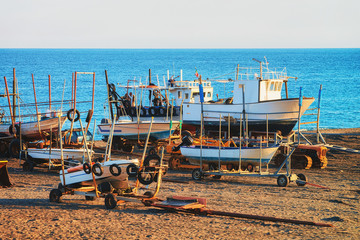 Ships and Mediterranean sea at Santa Teresa di Riva Messina