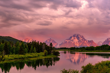 Mountains in Grand Teton National Park at sunrise. Oxbow Bend on the Snake River.