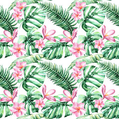 watercolor background with tropical flowers, palm leaves, jungle leaf, hibiscus