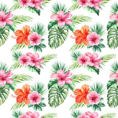 Tuinposter watercolor background with tropical flowers, palm leaves, jungle leaf, hibiscus © Anastasiia