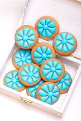 Close-up blue gingerbread cornflowers cookie