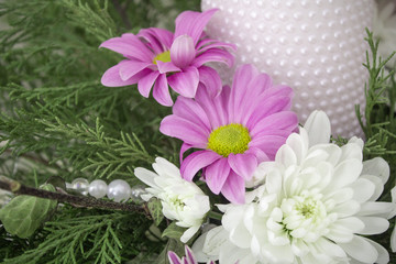 White and pink chrysanthemums with ivy and juniper branches. Festive flower arrangement. Chrysanthemums and candle