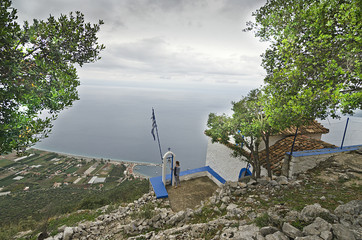 Seaside of  Greece  Pelopones Leonidio Plaka/ View from the chapel located on the slope of the mountain on the coast of Peloponnese  near Sparta View to marina Plaka