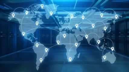 Server room which connected to the global cloud data,3d rendering.