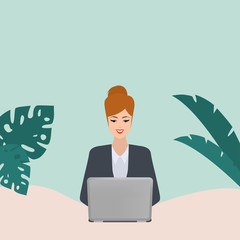 Business woman working character with laptop computer on desk. freelance job concept. Illustration vector people flat design.