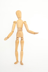 A wooden mannequin offers hugs. On a white background.