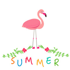 Summer icons with pink flamingo. Summer time background