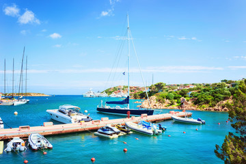 Fototapeta na wymiar Luxury yachts in harbor at Porto Cervo Costa Smeralda Sardina