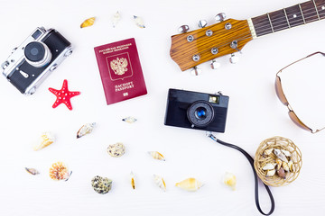 seashells with a guitar and a camera