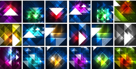Mega collection of neon triangle techno digital backgrounds, vector magic energy illustrations