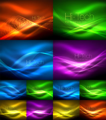 Set of neon wave backgrounds with light effects, curvy lines with glittering and shiny dots, glowing colors in darkness, vector magic illustrations