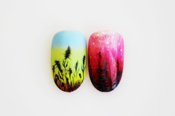 two plastic tips for nail extension and training in applying design while training a manicure on a...