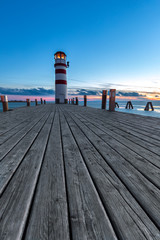 Wooden path to lighthouse at Podersdorf am See, Austria