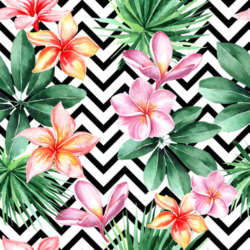 watercolor background with tropical flowers, palm leaves, jungle leaf, hibiscus