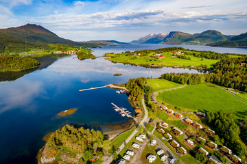 Beautiful Nature Norway Aerial view of the campsite to relax. - obrazy, fototapety, plakaty