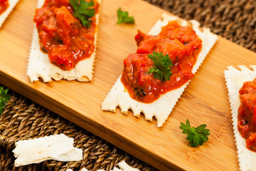 Roasted Pepper and Eggplants Appetizer Salad Spread. Selective focus.