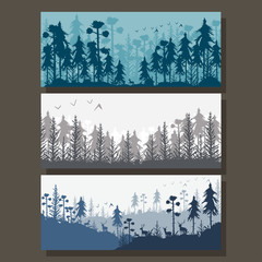 Forest background with silhouette of trees and deer. Vector cartoon banners set isolated on background.
