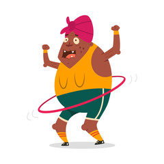 Elderly woman doing fitness exercises with hula hoop. Cute grandmother cartoon vector character isolated on a white background. Healthy lifestyle and sport illustration of senior people.