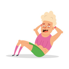 Elderly woman doing fitness exercises. Cute cartoon granny vector character isolated on a white background. Healthy lifestyle and sport illustration of senior people.