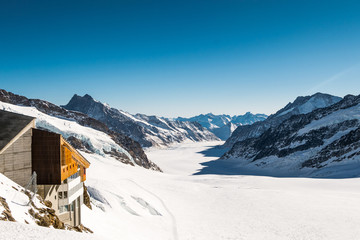 Panorama view of Jungfrau Mountain Range in Switzerland with Great Aletsch Glacier