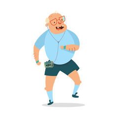 Elderly man jogging and listening to music. Cute grandfather cartoon vector character doing fitness exercises isolated on a white background. Healthy lifestyle and sport illustration of senior people.