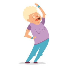 Elderly woman doing fitness exercises. Funny cartoon grandmother vector character isolated on a white background. Healthy lifestyle and sport illustration of senior people.