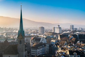 Panoramic view of historic Zurich city center with Limmat river Switzerland