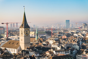 Aerial view of Zurich downtown with clock tower, Switzerland