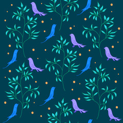 A background drawing of a branch with leaves and birds